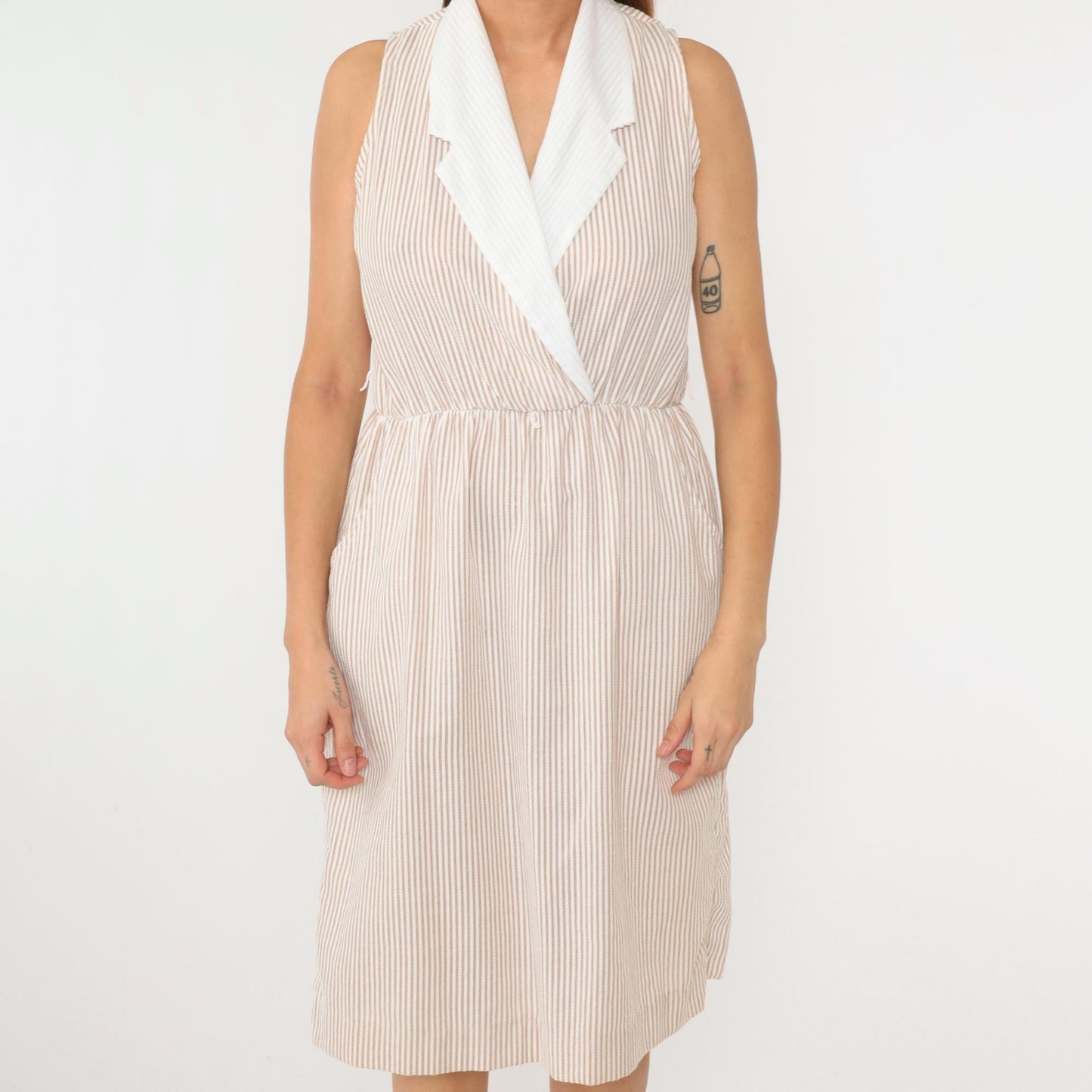 80s Kevin Stuart Seersucker Midi Dress Brown White Striped Collared Small
