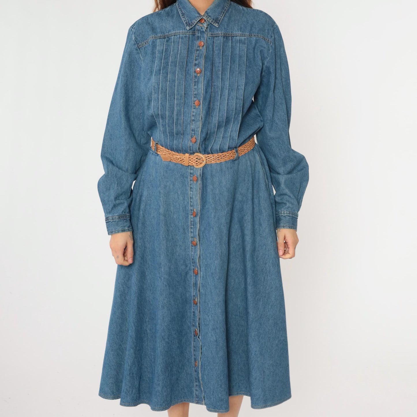 90s Nina Piccalino Denim Midi Shirtdress Blue High Waist Pleated Large 14