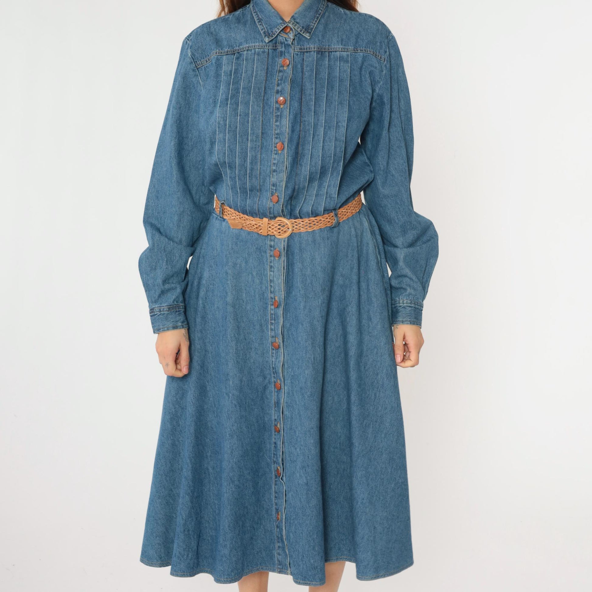 90s Nina Piccalino Denim Midi Shirtdress Blue High Waist Pleated Large 14