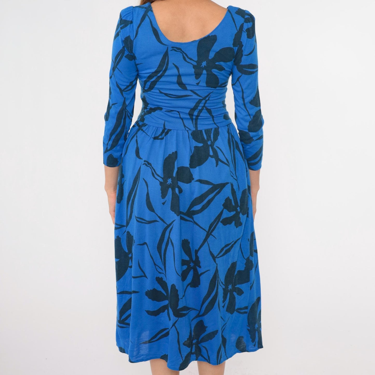 80s Blue Floral Midi Dress Puff Sleeve Fit and Flare Low Waist Small