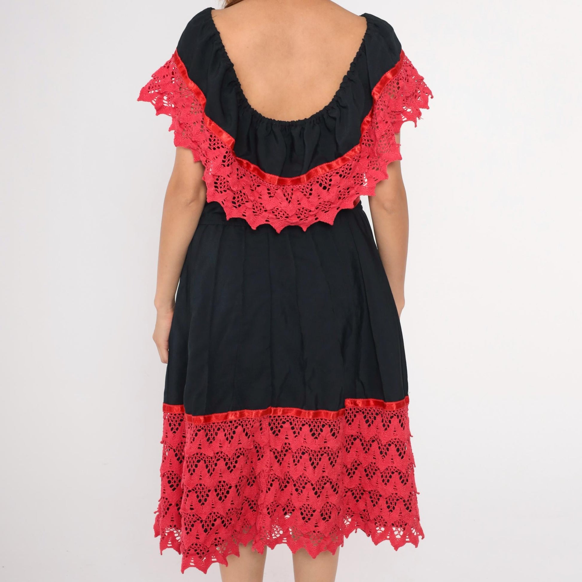 80s Black Peasant Dress Fuchsia Crochet Lace Off-Shoulder Midi Medium Large