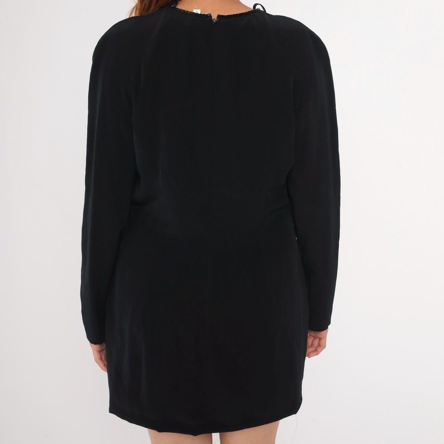 90s Black Beaded Cage Neckline Mini Dress Long Sleeve Sheath Large L