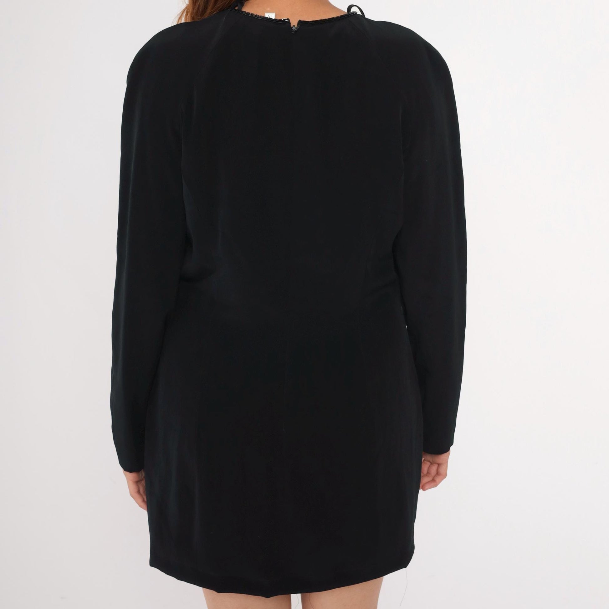 90s Black Beaded Cage Neckline Mini Dress Long Sleeve Sheath Large L