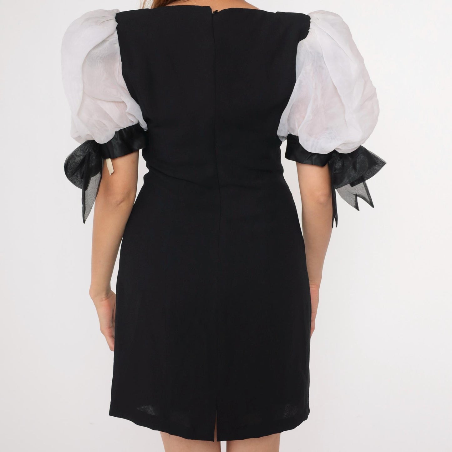 80s Black Organza Puff Sleeve Mini Dress with Bow Cuffs Small