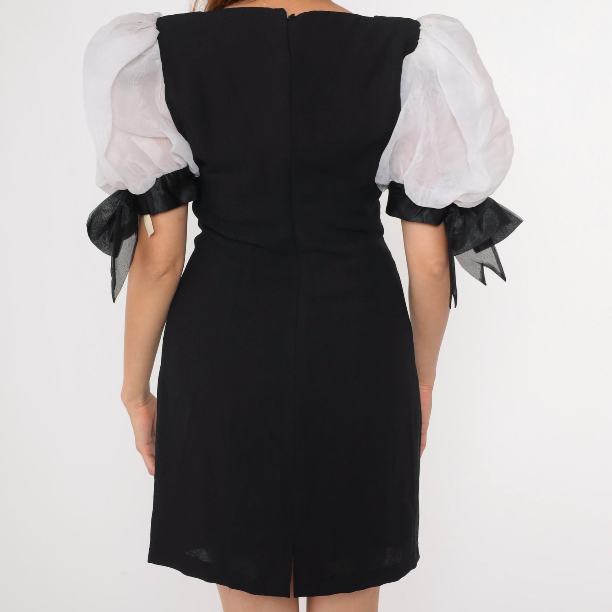 80s Black Organza Puff Sleeve Mini Dress with Bow Cuffs Small