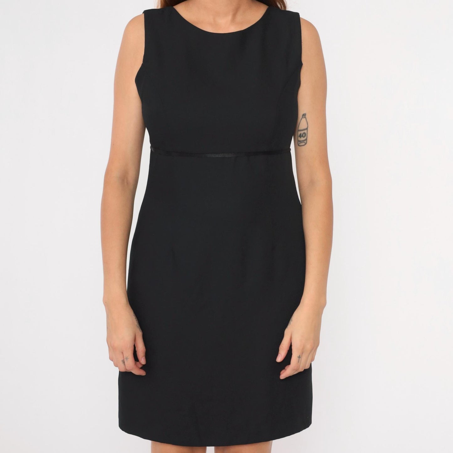 90s Black Shift Dress Empire Waist Mini Sleeveless Button Back Medium