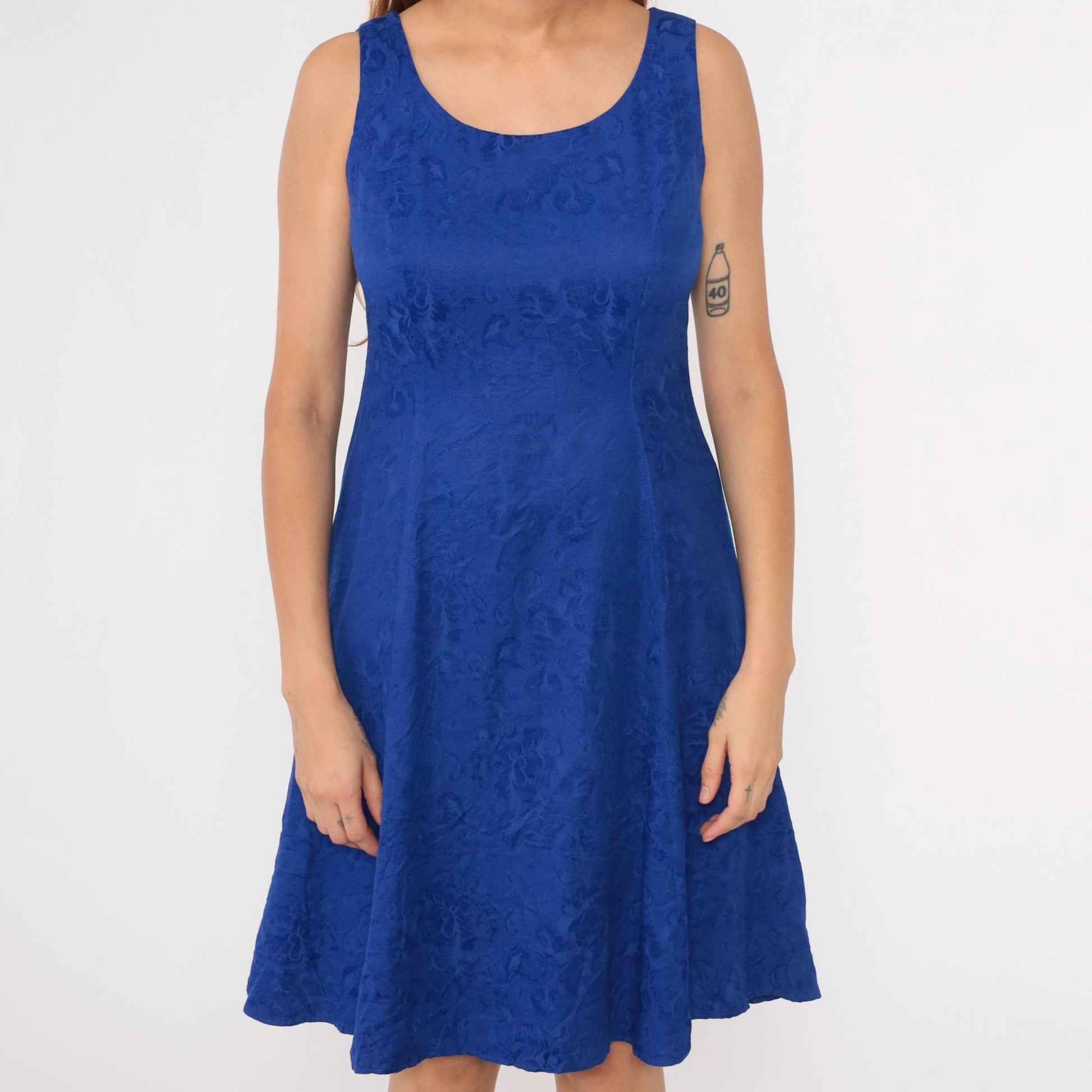 90s Karin Stevens Royal Blue Floral Jacquard Mini Dress Sleeveless Medium