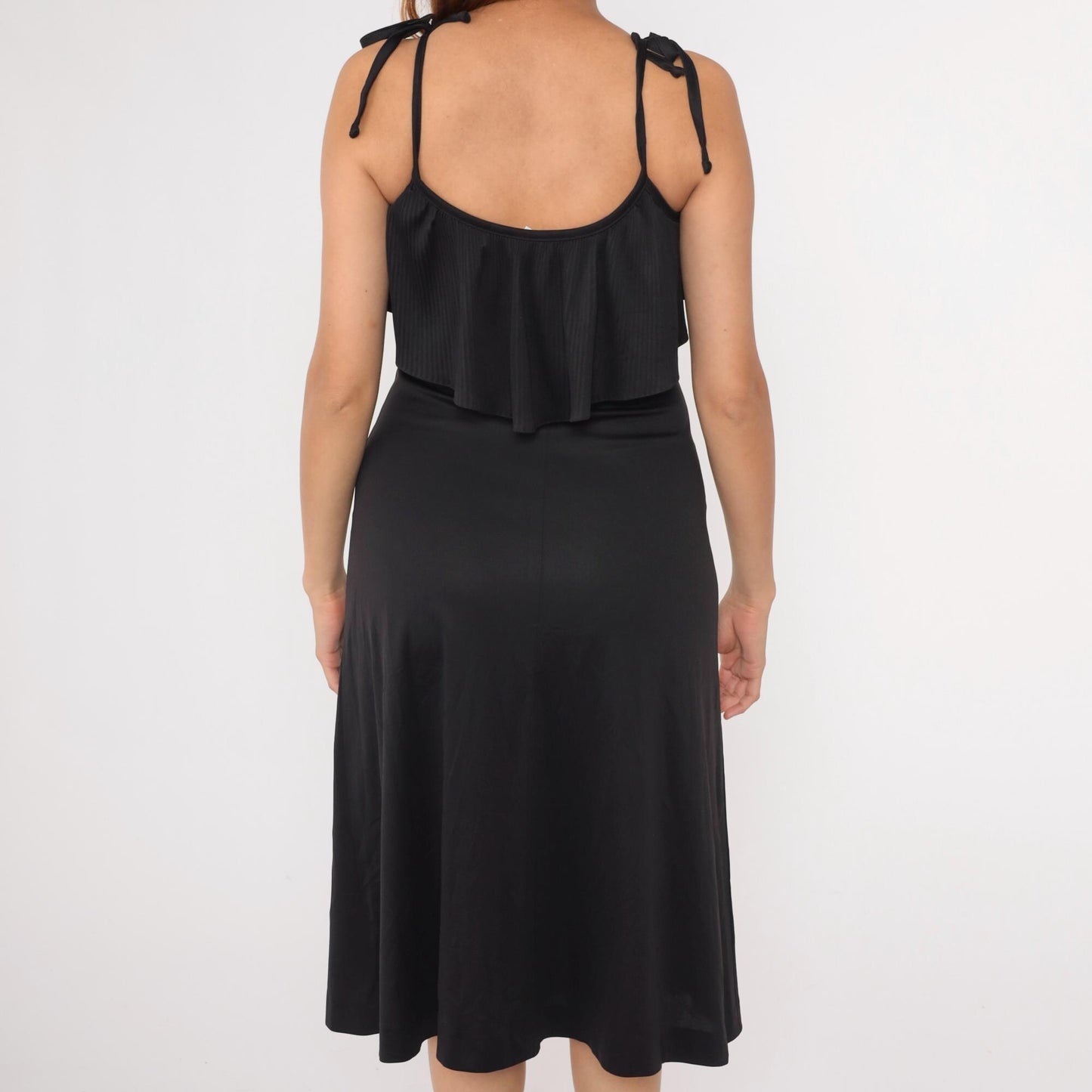 70s Black Midi Dress Ruffled Neckline Spaghetti Strap Disco Small