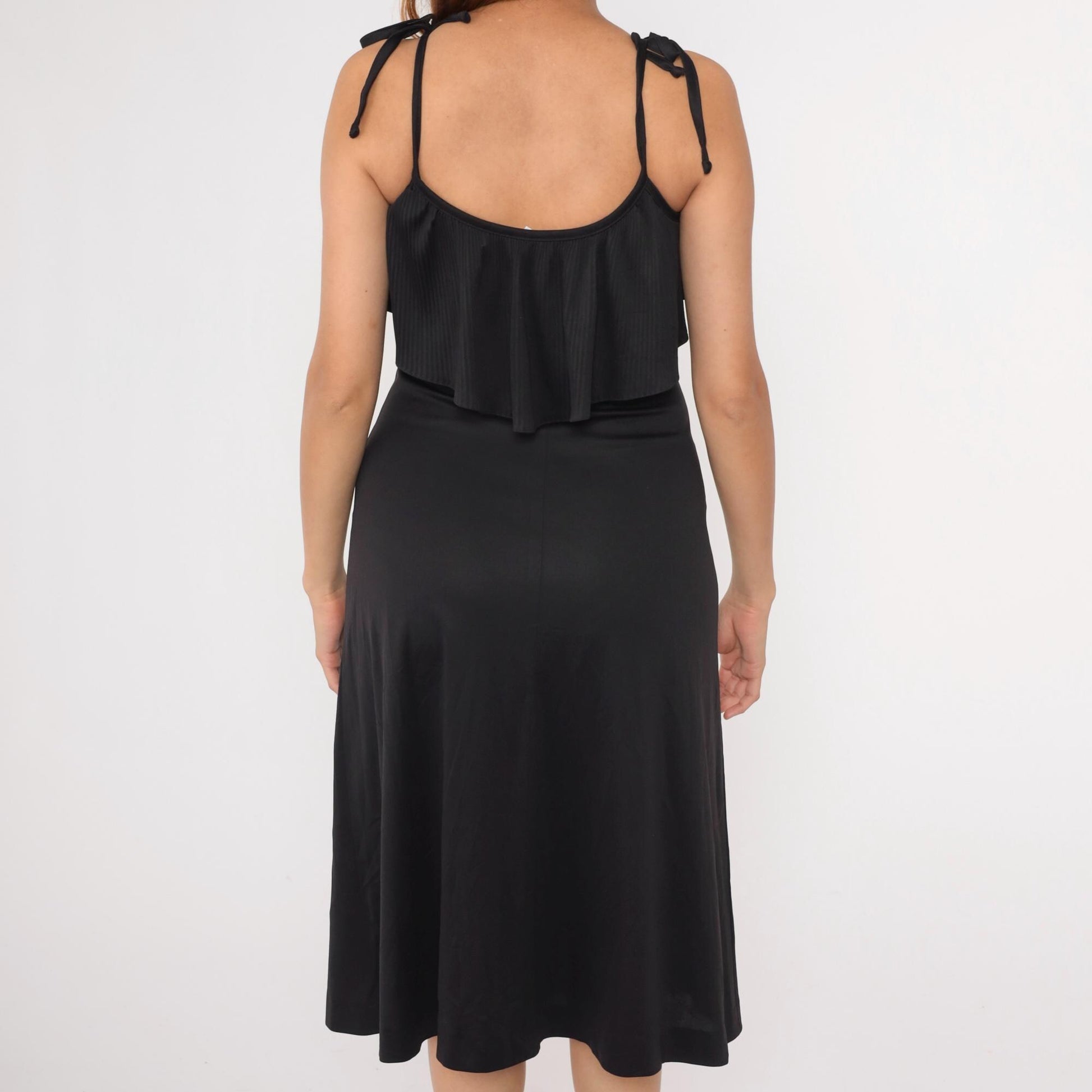 70s Black Midi Dress Ruffled Neckline Spaghetti Strap Disco Small