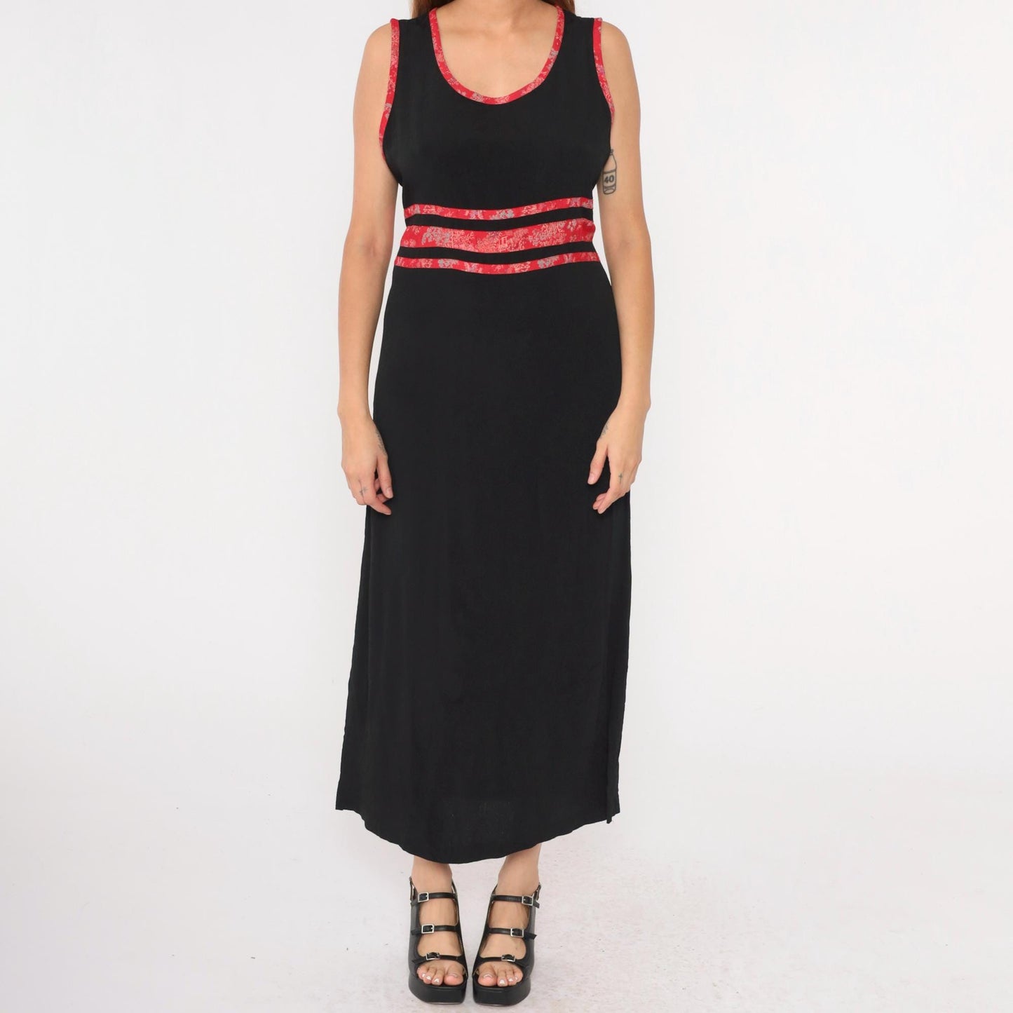 90s Black Maxi Dress Asian Jacquard Trim Sleeveless High Waist Medium