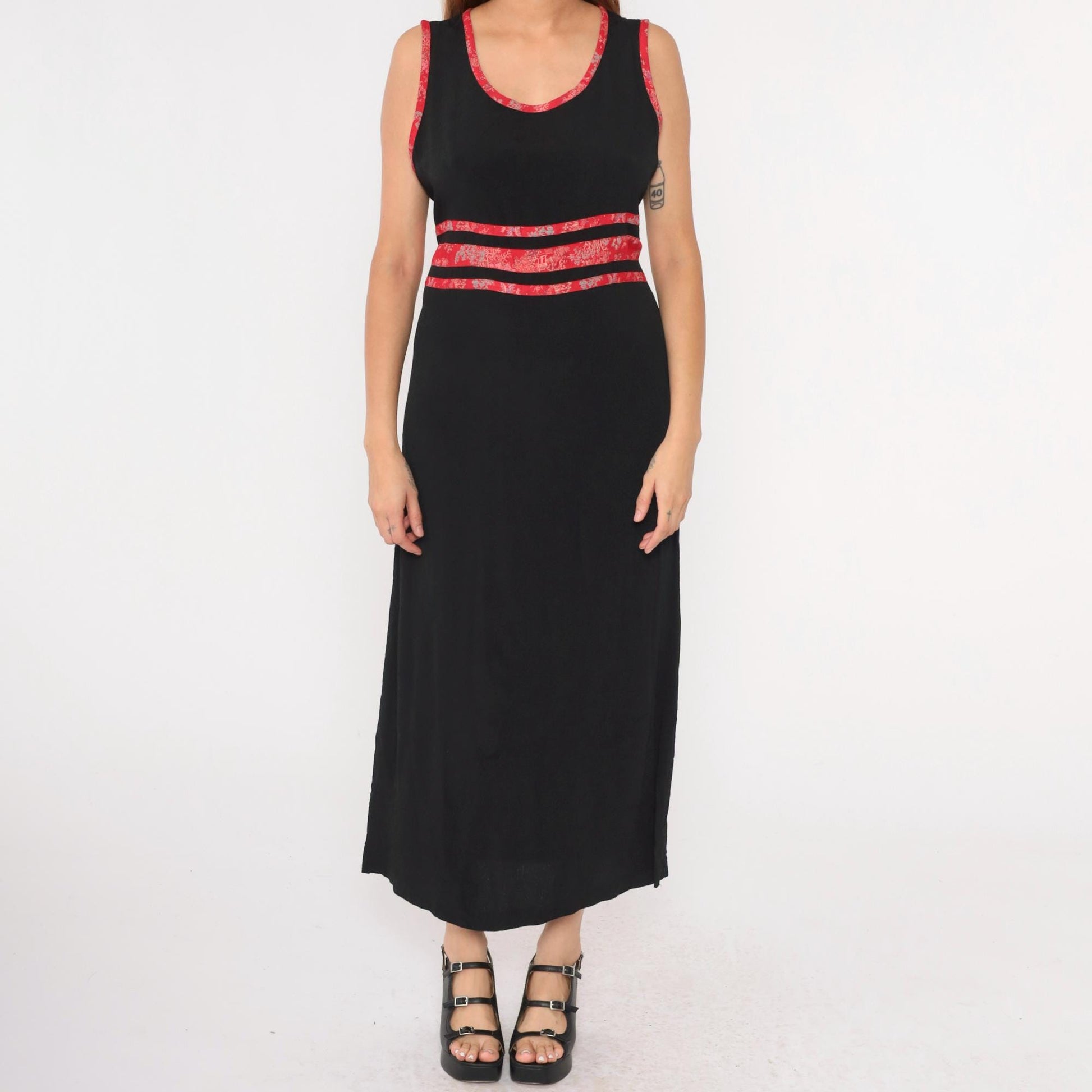 90s Black Maxi Dress Asian Jacquard Trim Sleeveless High Waist Medium