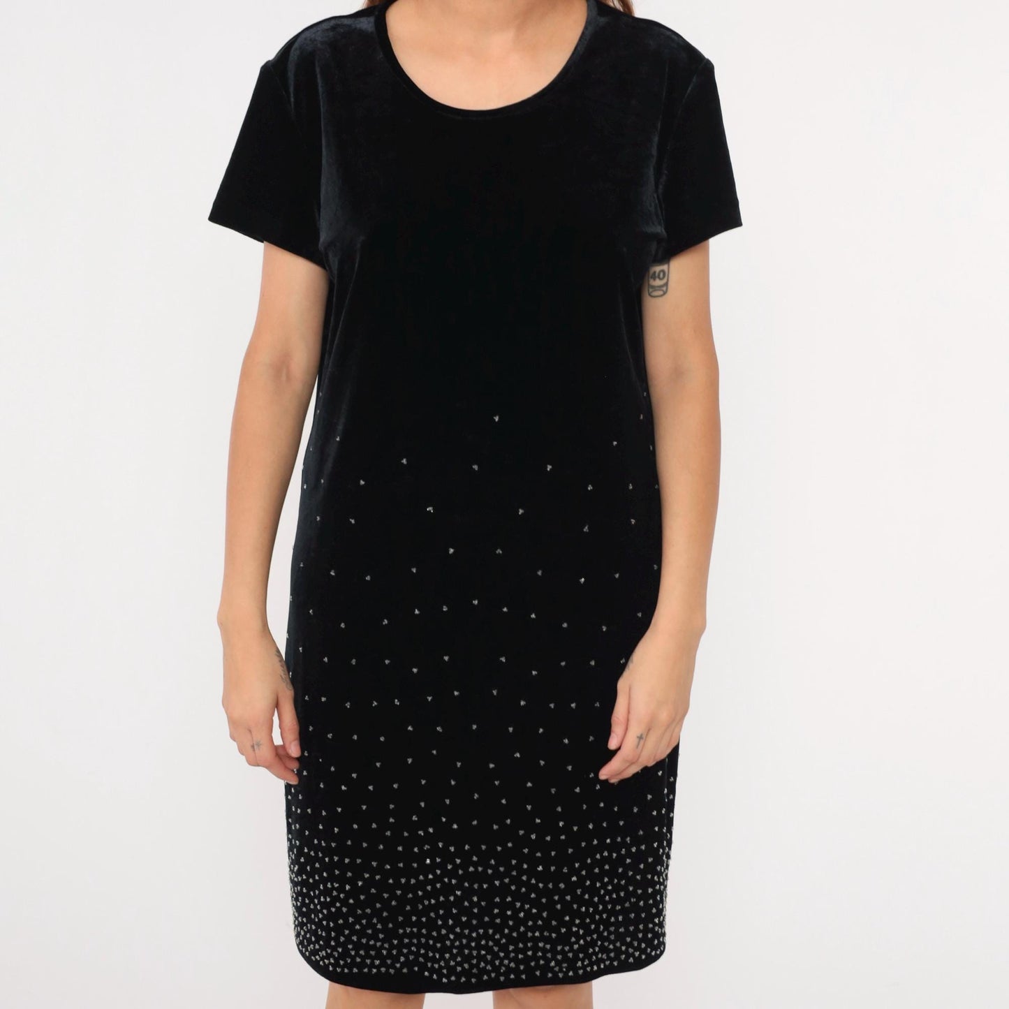 90s Black Velvet Beaded Mini Dress Short Sleeve Shift Large L