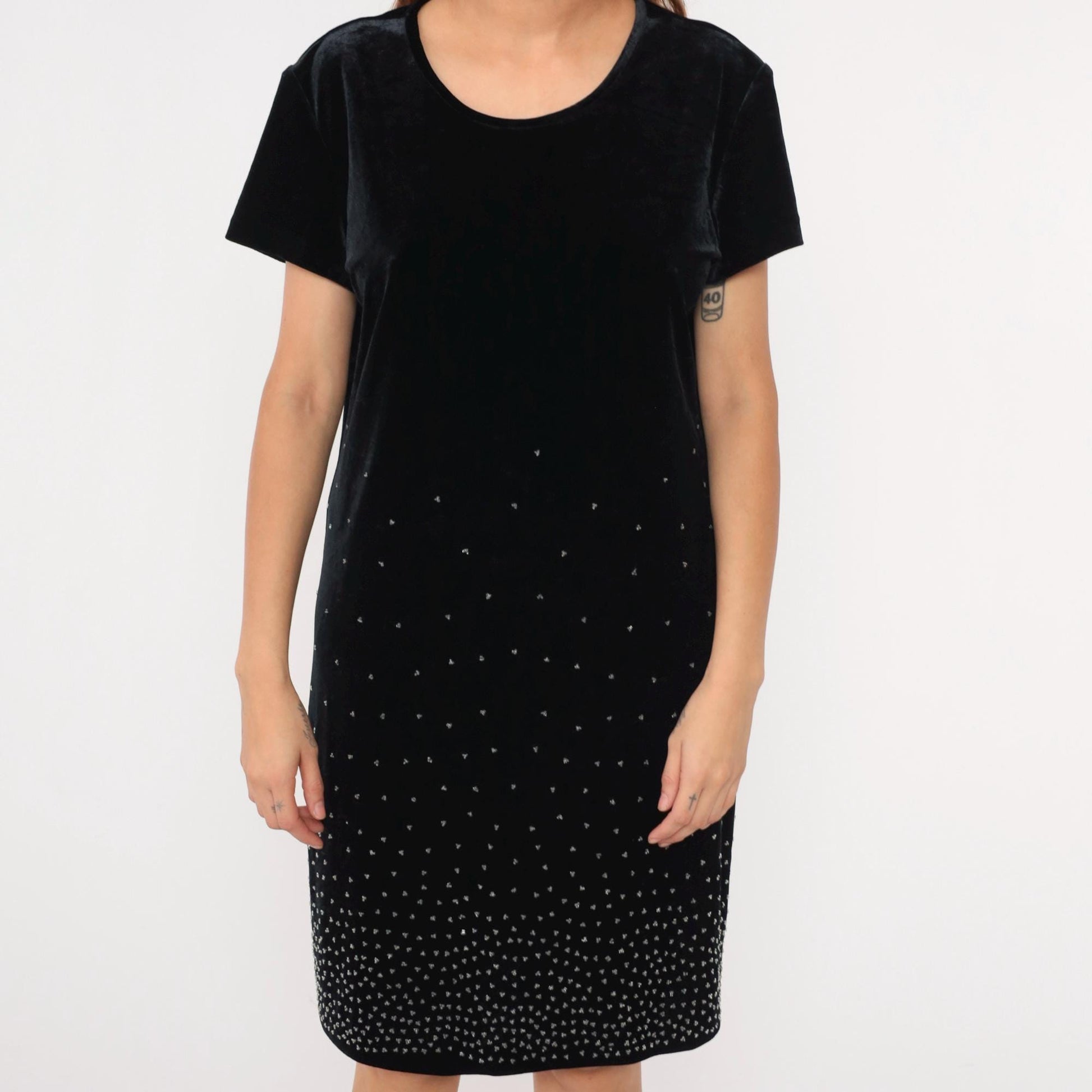 90s Black Velvet Beaded Mini Dress Short Sleeve Shift Large L