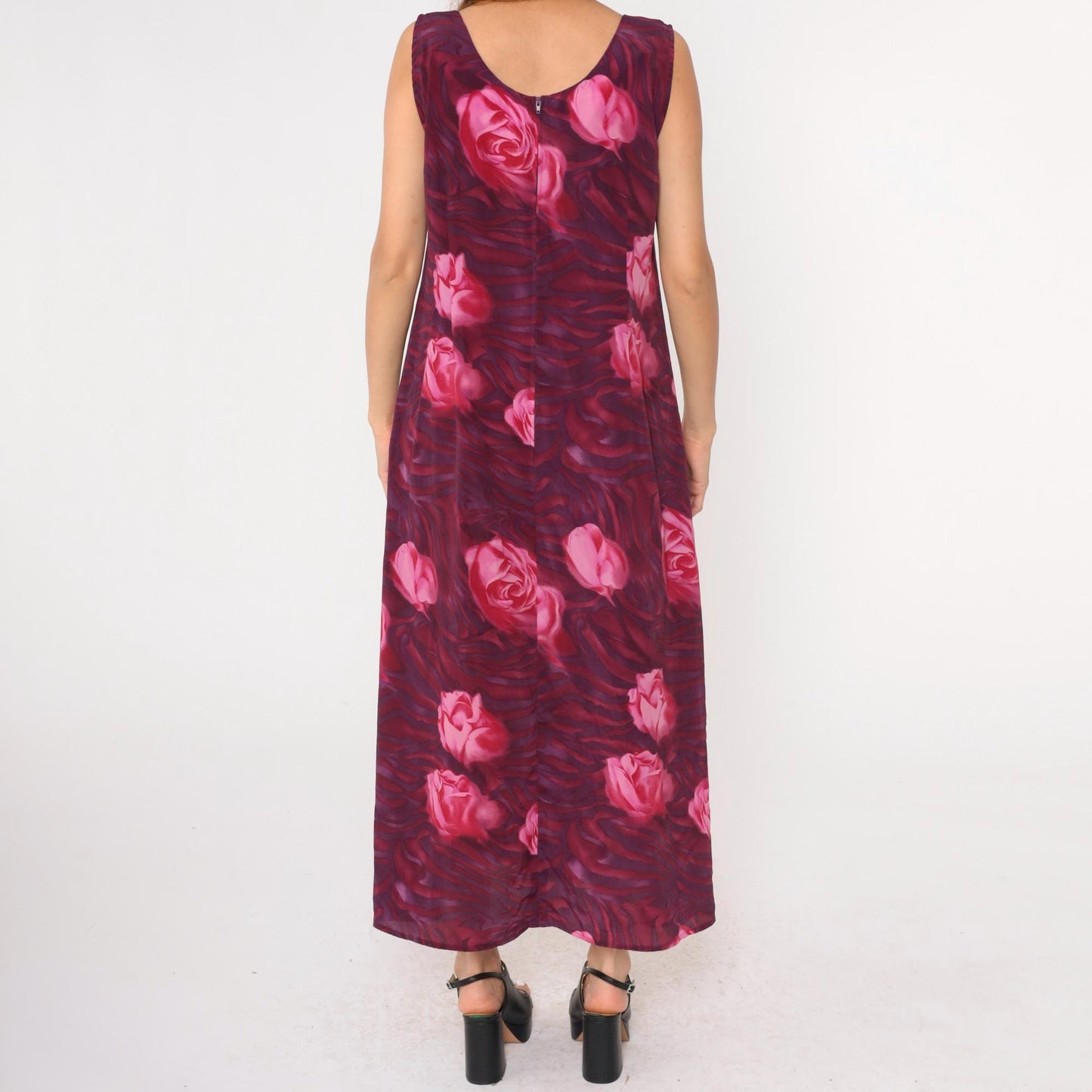 90s Floral Maxi Dress Pink Purple Rose Print Sleeveless Scoop Neck Medium Large