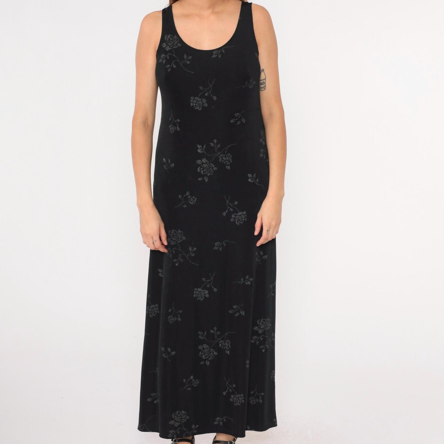 90s John Paul Richard Black Floral Glitter Maxi Dress Sleeveless Large L