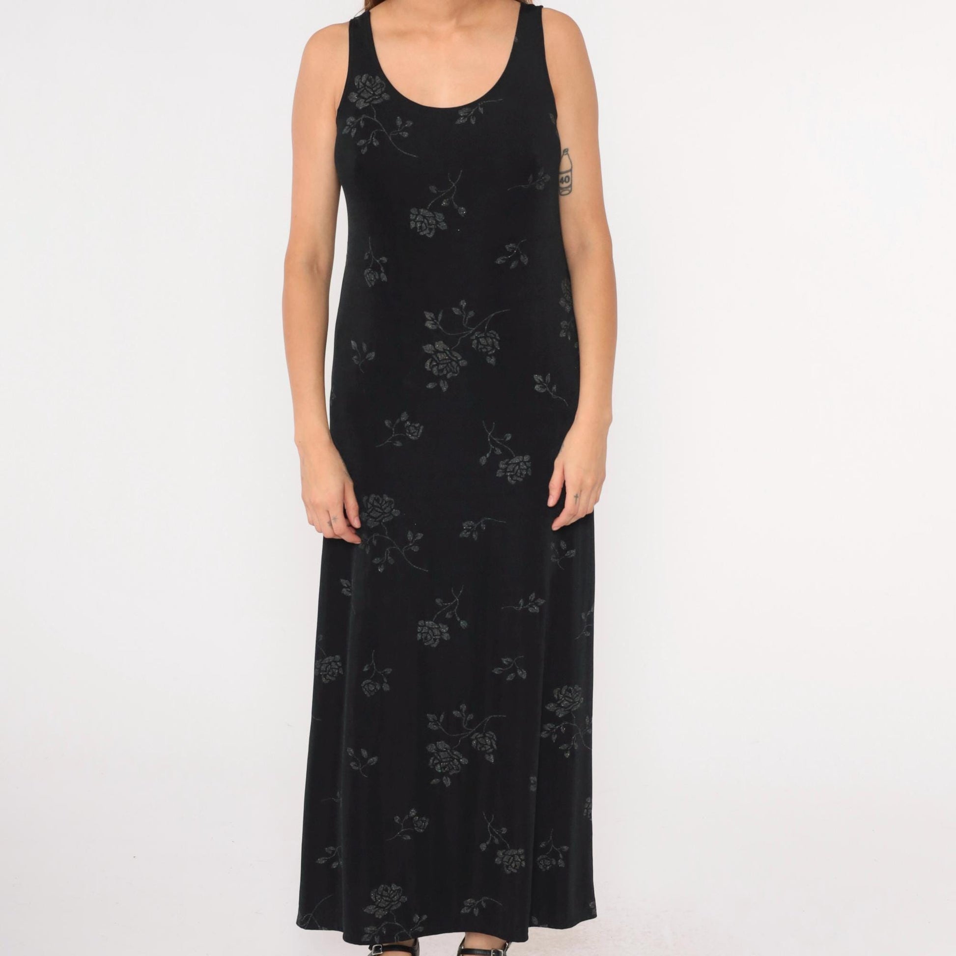 90s John Paul Richard Black Floral Glitter Maxi Dress Sleeveless Large L