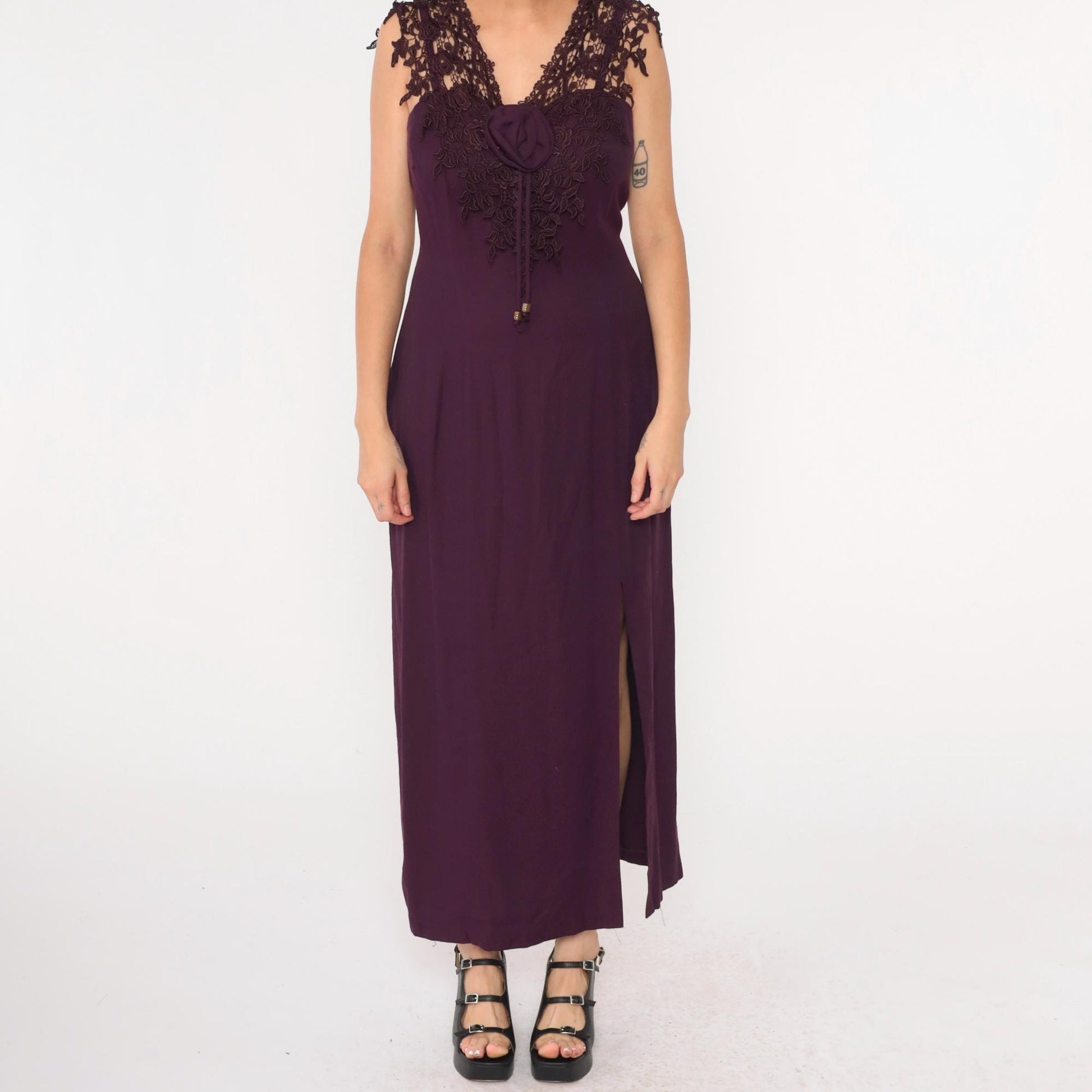 90s Purple Maxi Dress Lace Trim Rosette Sweetheart Spaghetti Strap Slit Medium
