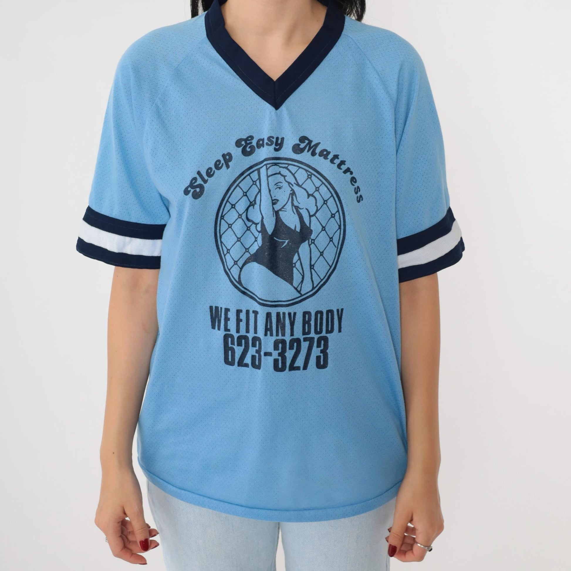 80s Sleep Easy Mattress Baseball Jersey Blue Mesh Raglan Ringer Tee Medium