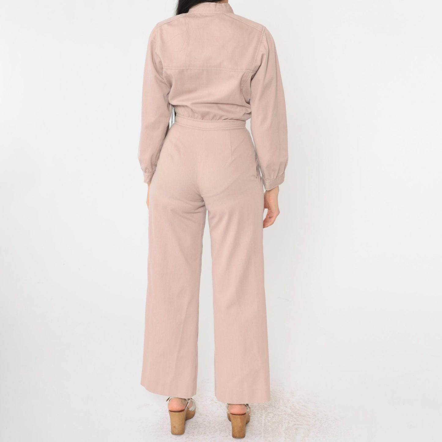 80s Warm Taupe Utility Jumpsuit Wide Leg Pleated Button Front Extra Small