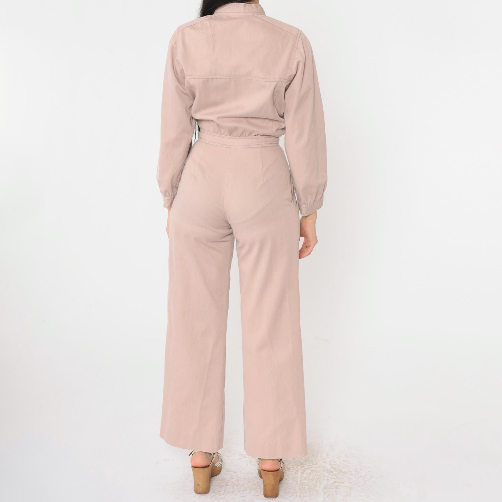 80s Warm Taupe Utility Jumpsuit Wide Leg Pleated Button Front Extra Small