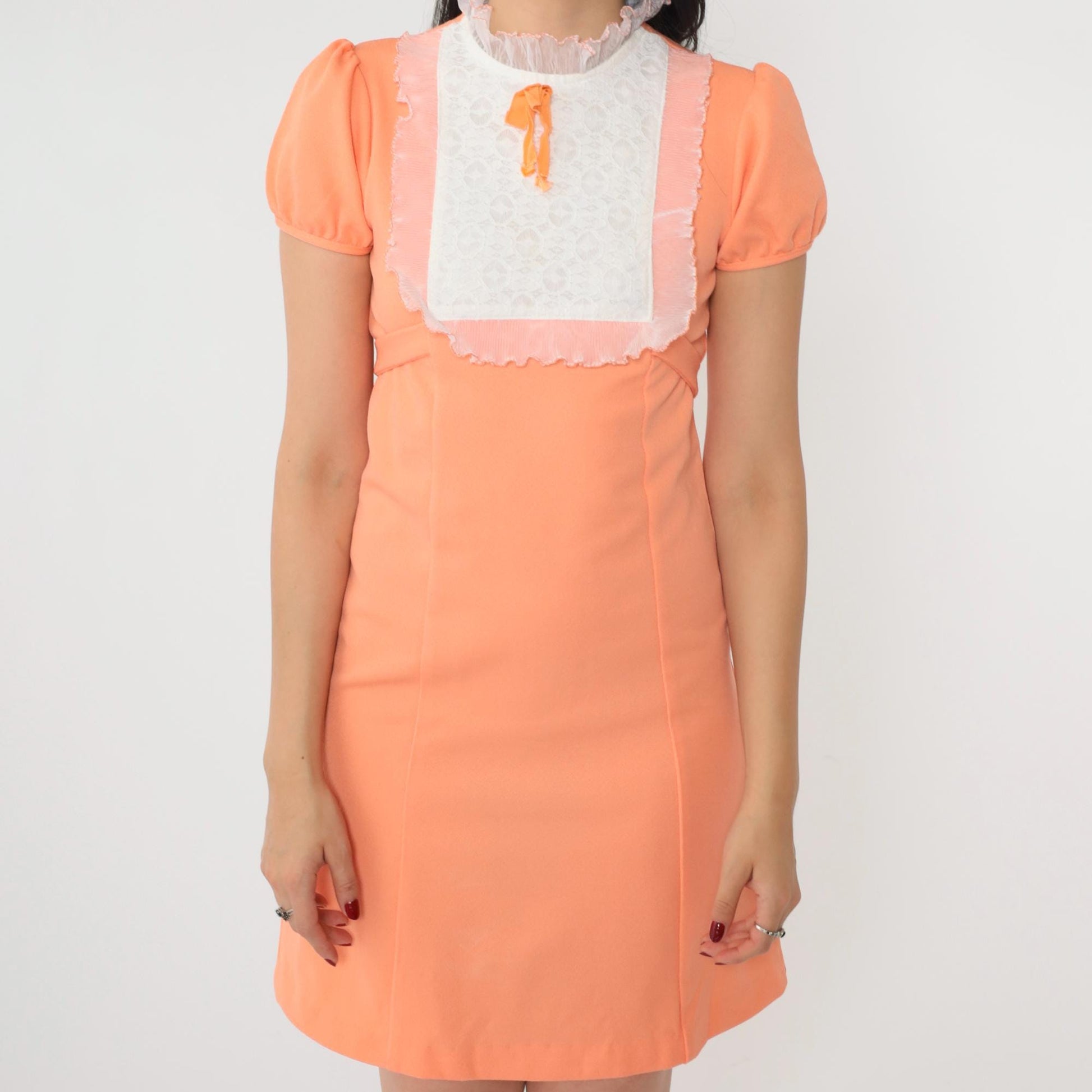 70s Orange Babydoll Mini Dress White Lace Bib Empire Waist Puff Sleeve XXS