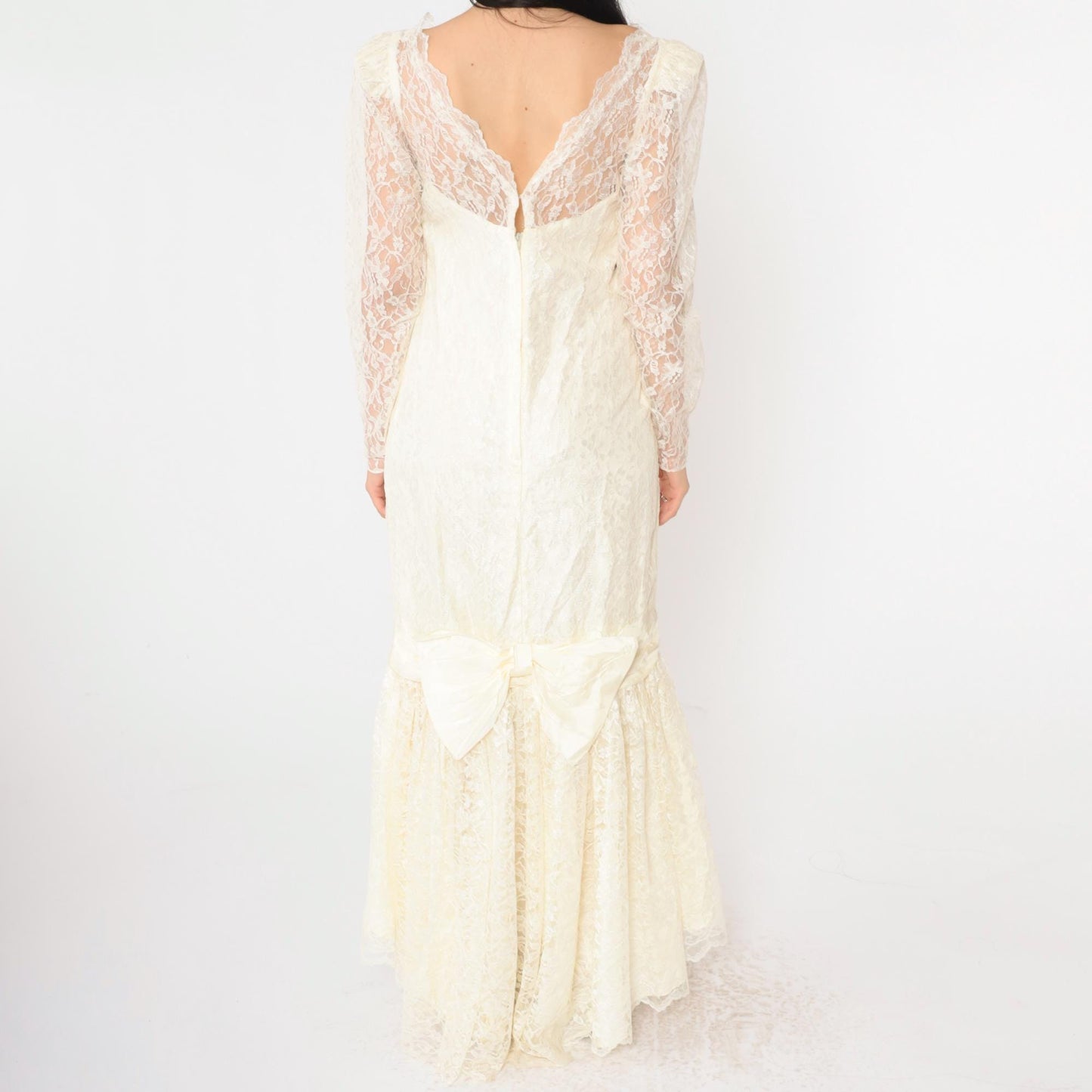 80s Off-White Lace Wedding Dress Maxi Gown Puff Sleeve Sweetheart Neckline Small S