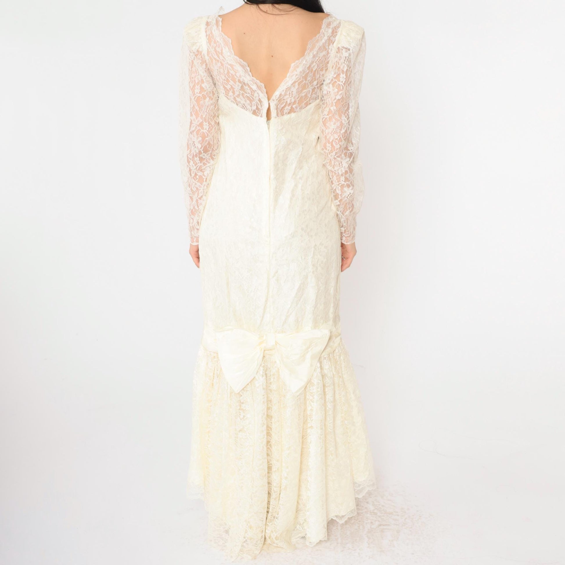 80s Off-White Lace Wedding Dress Maxi Gown Puff Sleeve Sweetheart Neckline Small S