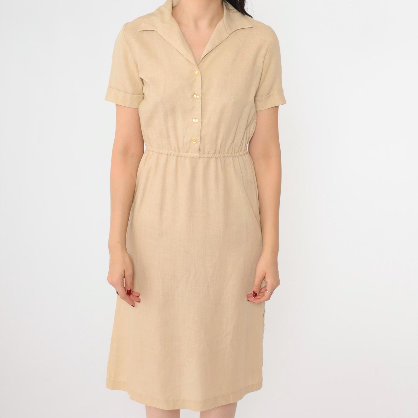 70s Tan Linen Shirtdress Button-Up Midi High-Waisted Short Sleeve Extra Small