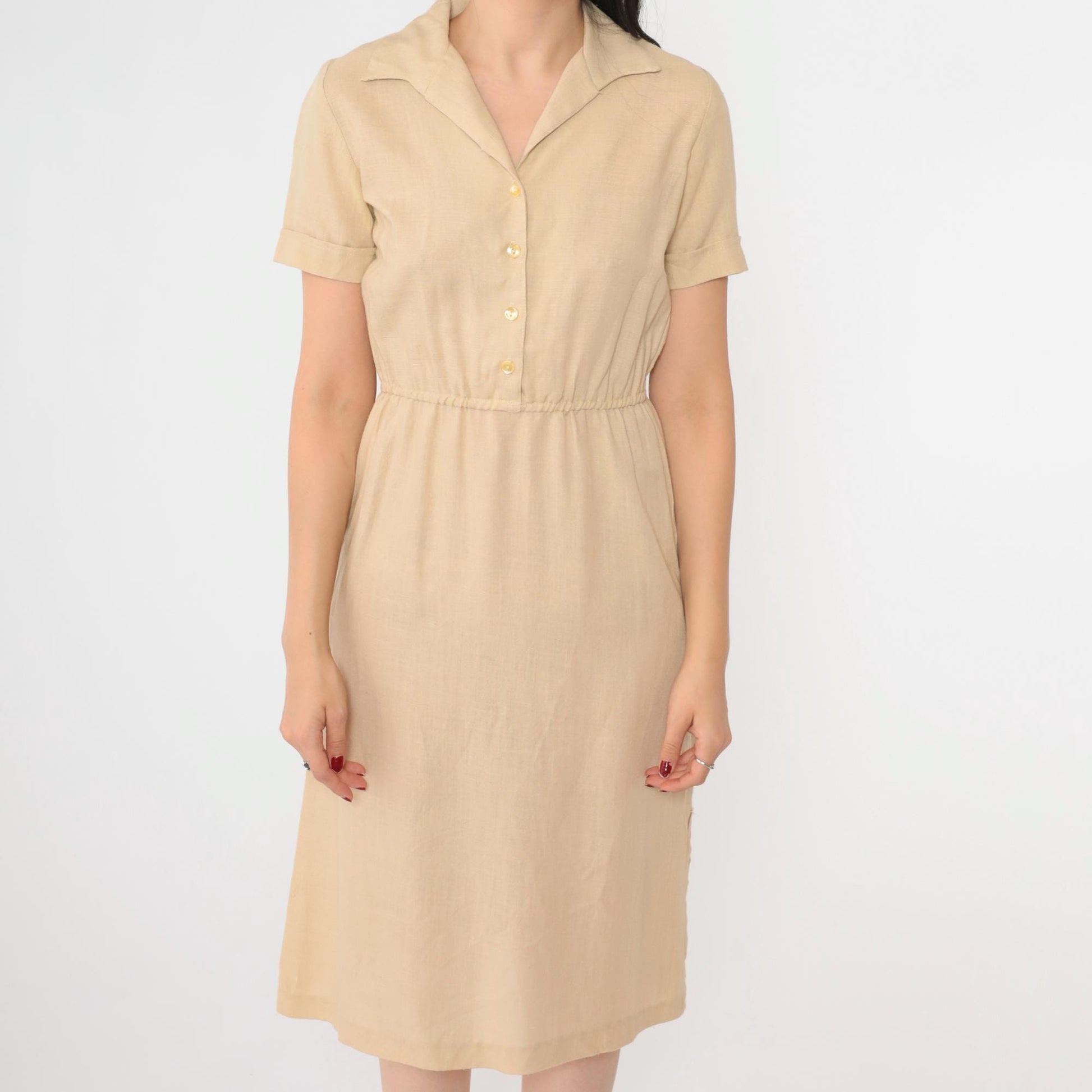 70s Tan Linen Shirtdress Button-Up Midi High-Waisted Short Sleeve Extra Small