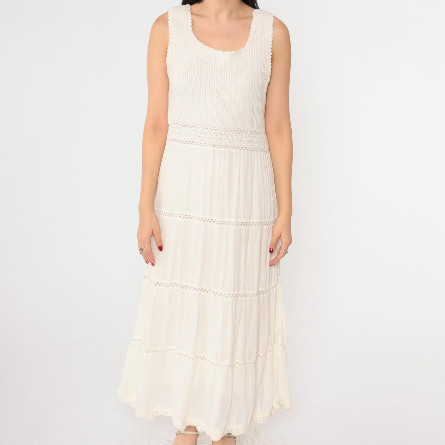 Y2K Cream Crochet Gauze Maxi Dress Sleeveless High Waist Small
