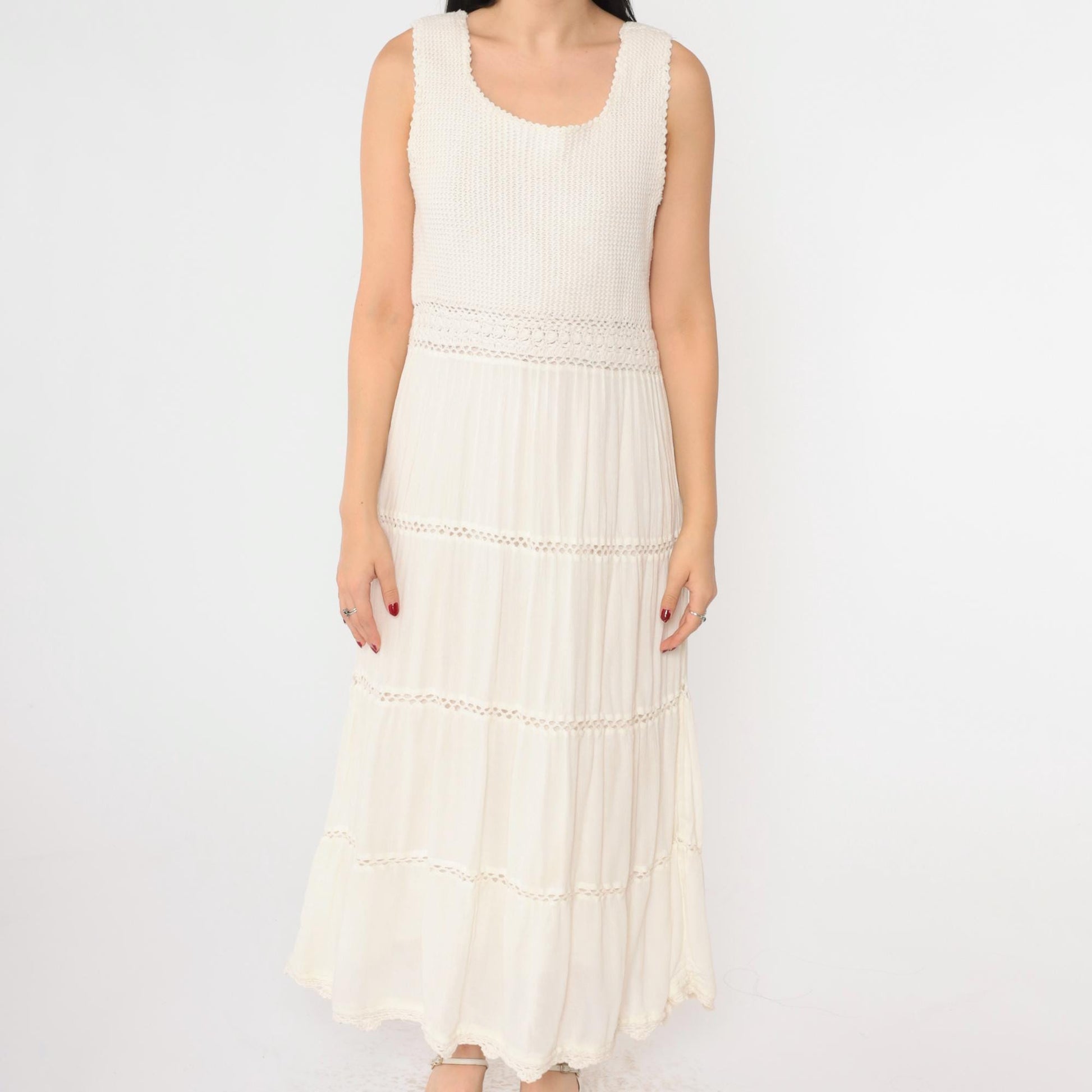 Y2K Cream Crochet Gauze Maxi Dress Sleeveless High Waist Small
