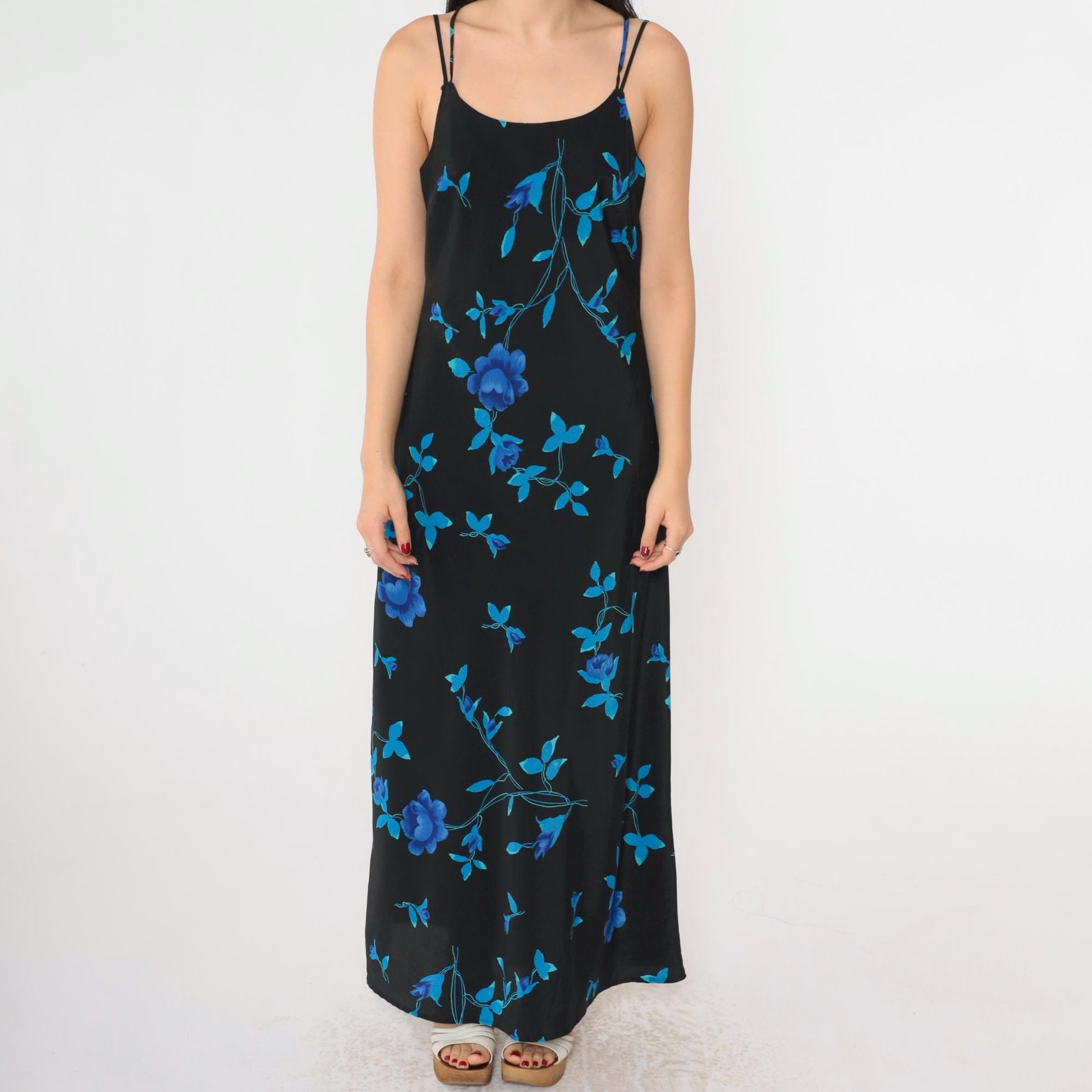 90s Jodi Michaels Floral Maxi Dress Black Spaghetti Strap Criss-Cross Medium