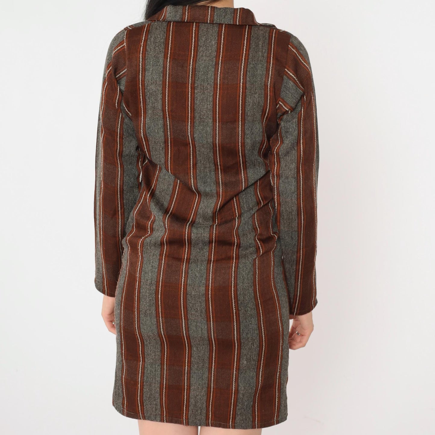 70s Striped Shift Dress Mini V-Neck Long Sleeve Grey Brown Orange Extra Small