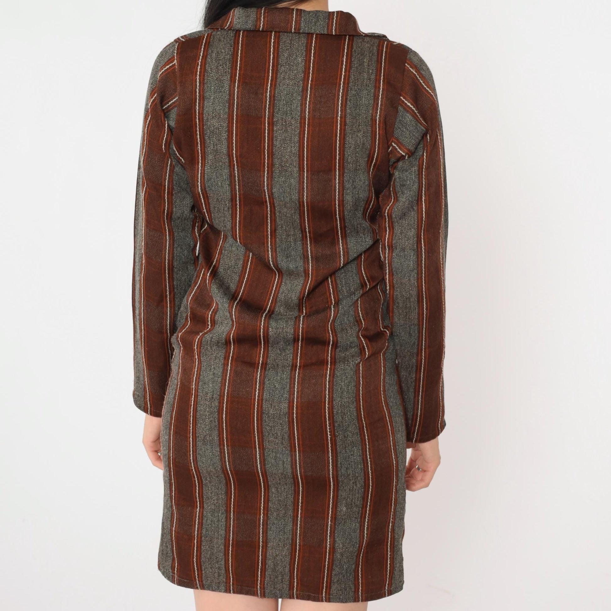 70s Striped Shift Dress Mini V-Neck Long Sleeve Grey Brown Orange Extra Small