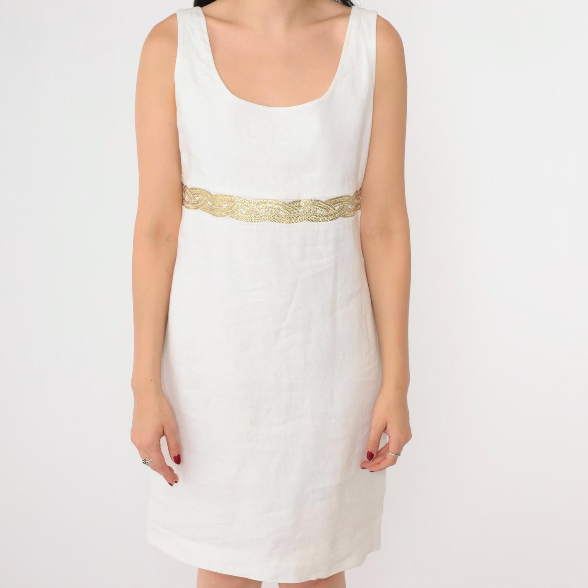 90s White Linen Mini Dress Gold Braided Trim Sleeveless Shift Small 4