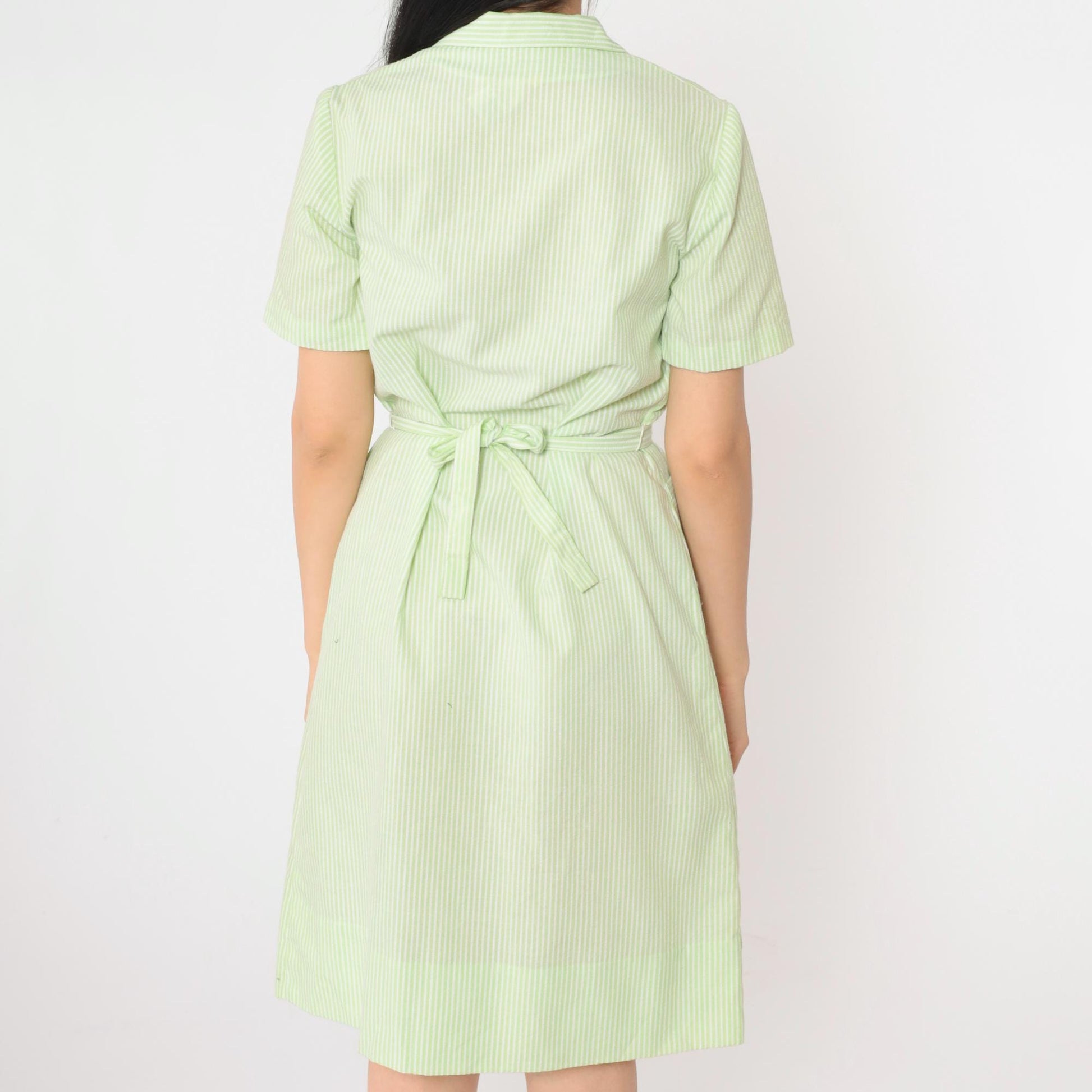 60s Nancy Frock Pastel Green Striped Button-Up Shift Dress Knee-Length Small