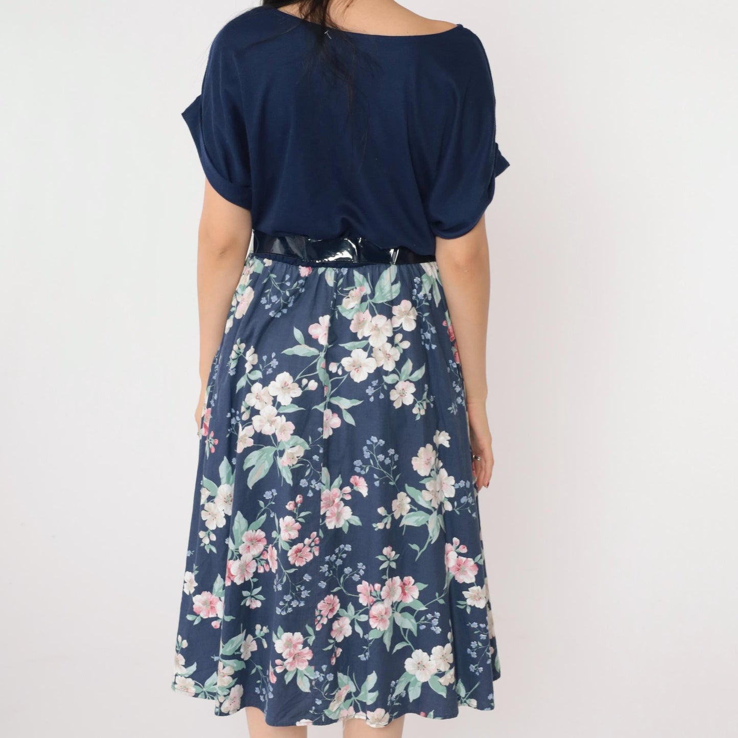 80s Navy Floral Midi Dress High Waist Belted Blouson Short Sleeve Small Medium