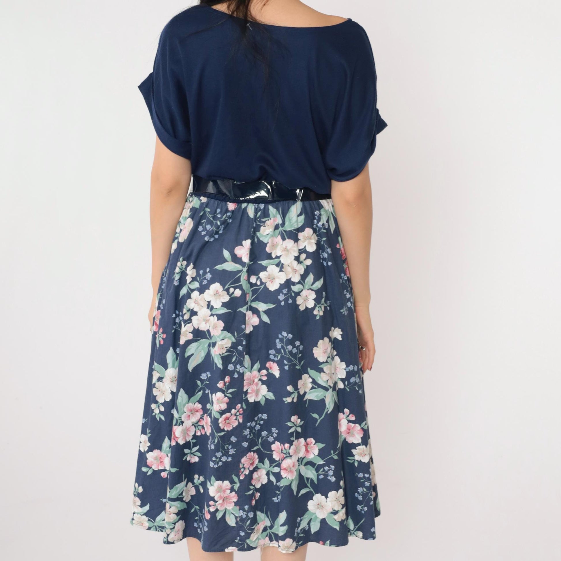 80s Navy Floral Midi Dress High Waist Belted Blouson Short Sleeve Small Medium