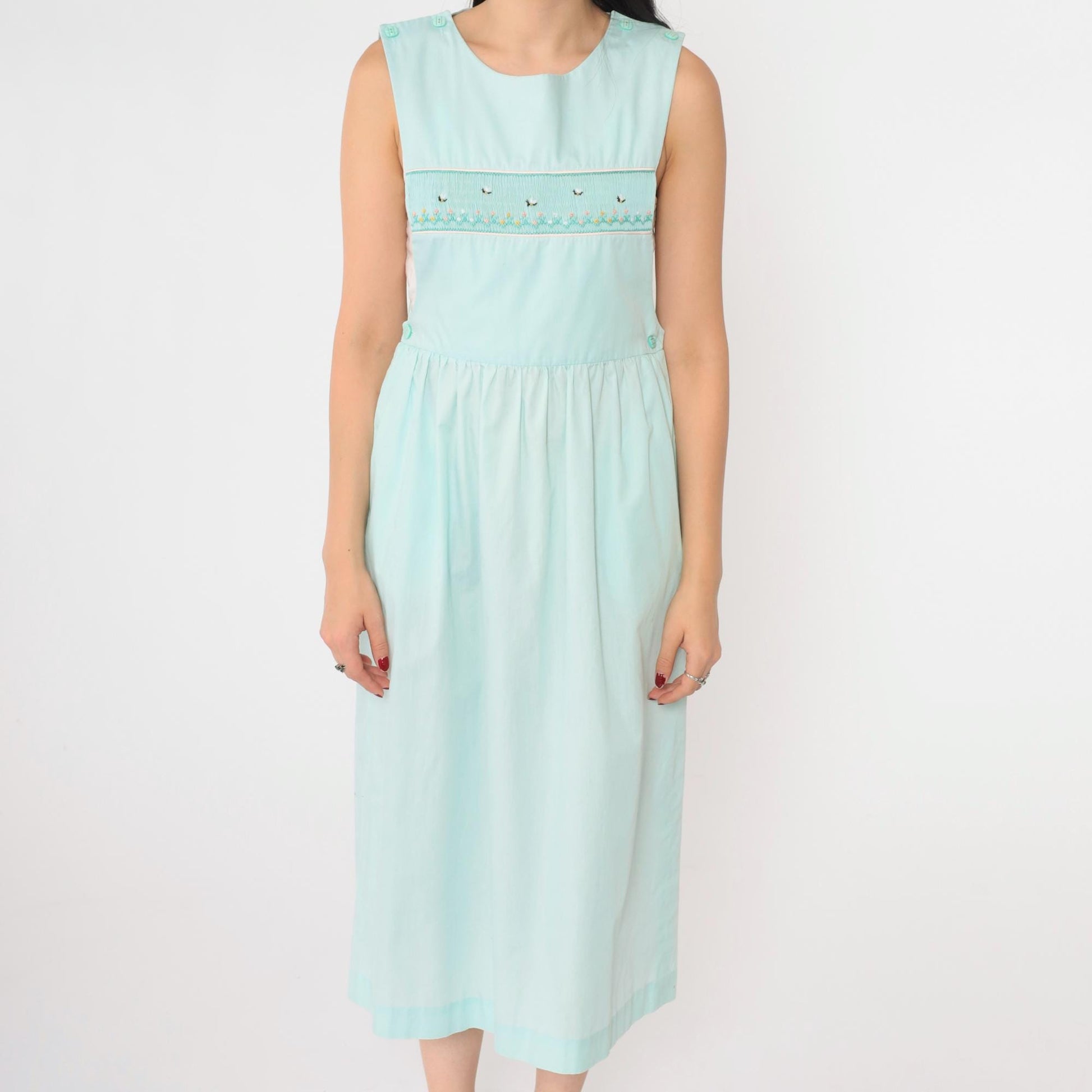 80s Seafoam Embroidered Bumble Bee Floral Midi Pinafore Dress Small