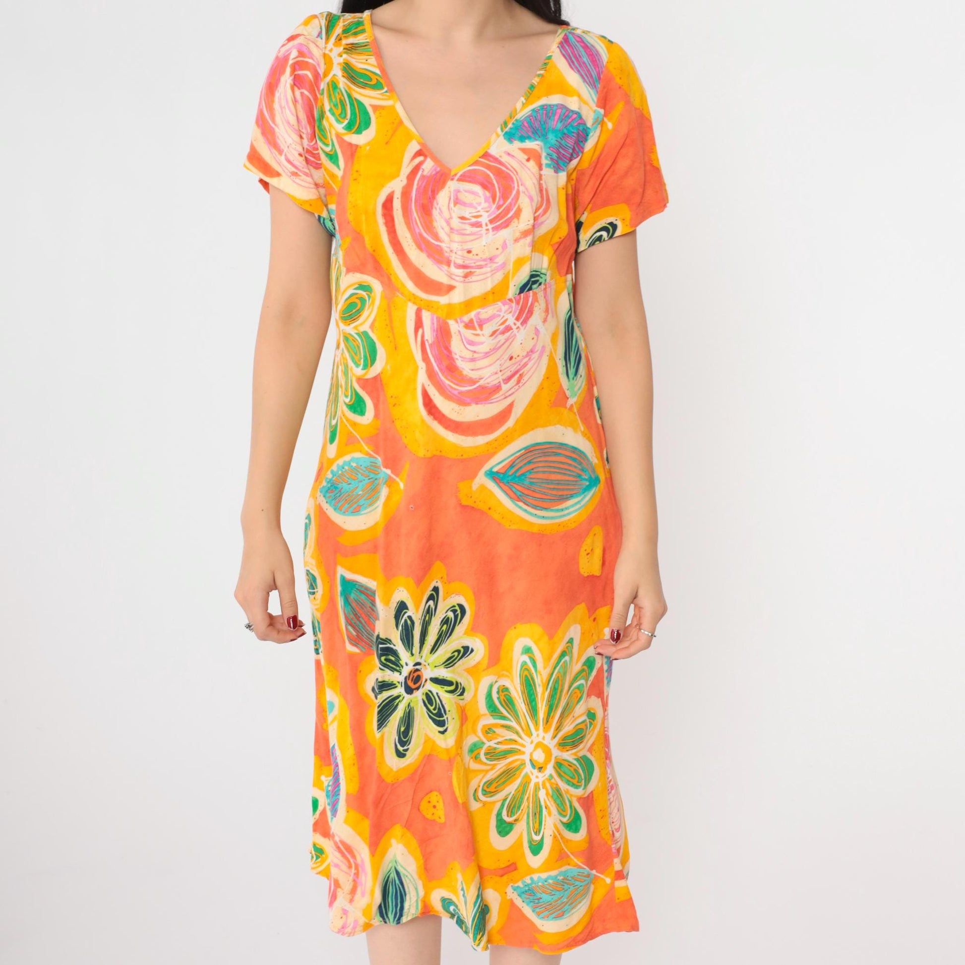 00s Jams World Tropical Floral Midi Dress Abstract Print Silk Orange Large L