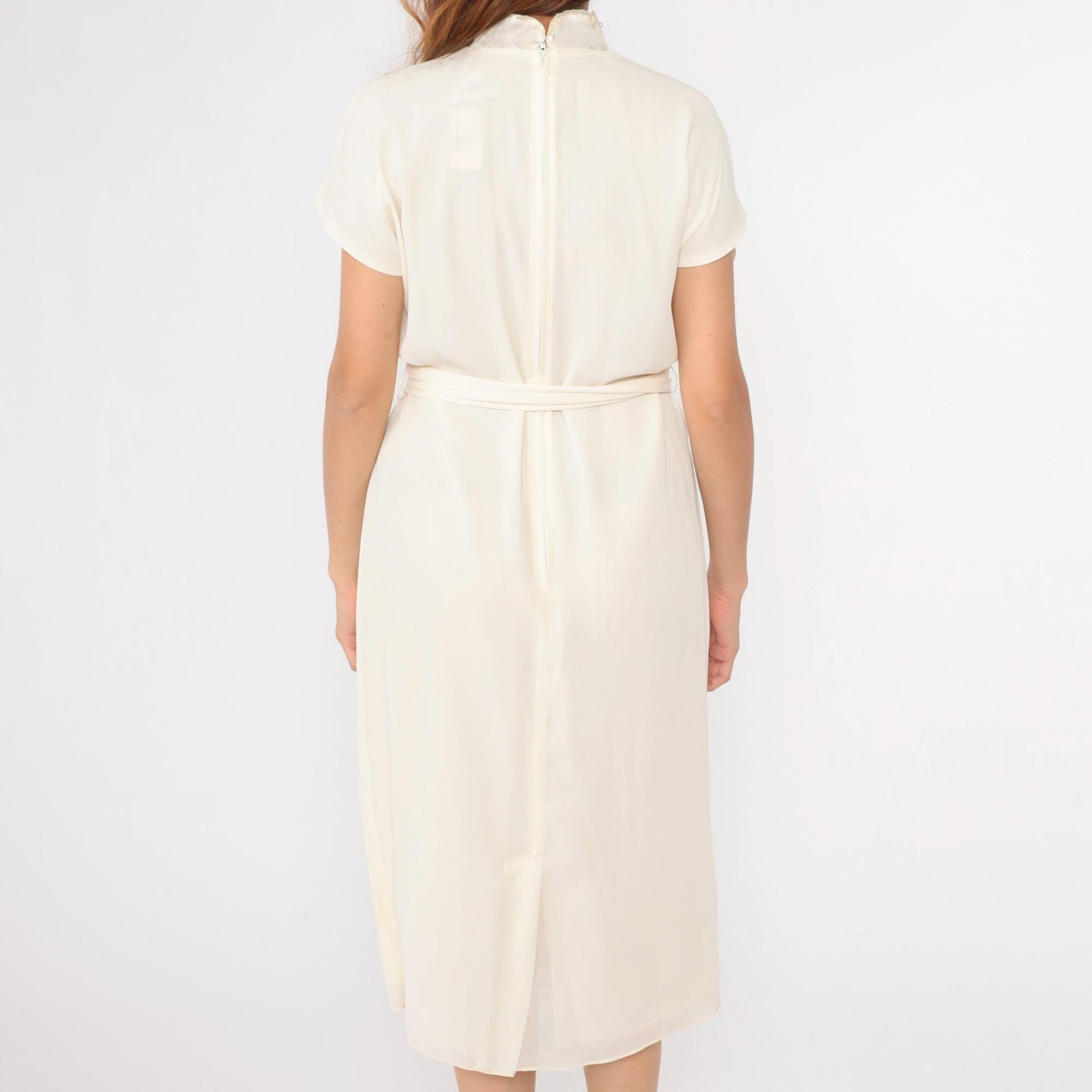 80s Patra Cream Floral Embroidered Beaded Midi Dress Dolman Sleeve Small