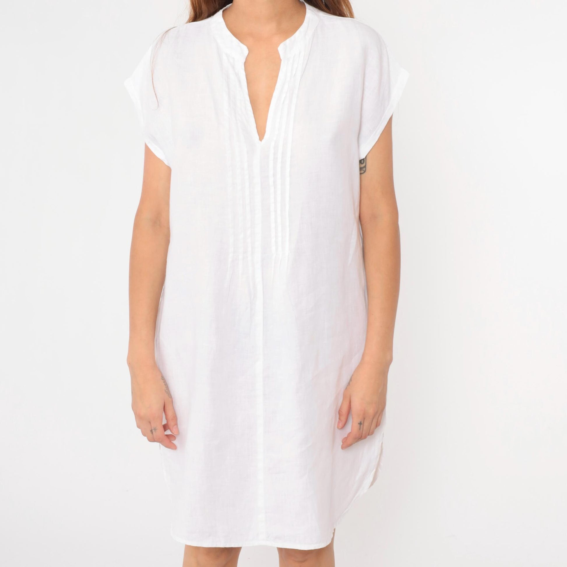Y2K White Linen Midi Dress Pintuck Pleated Cap Sleeve Shift Large L