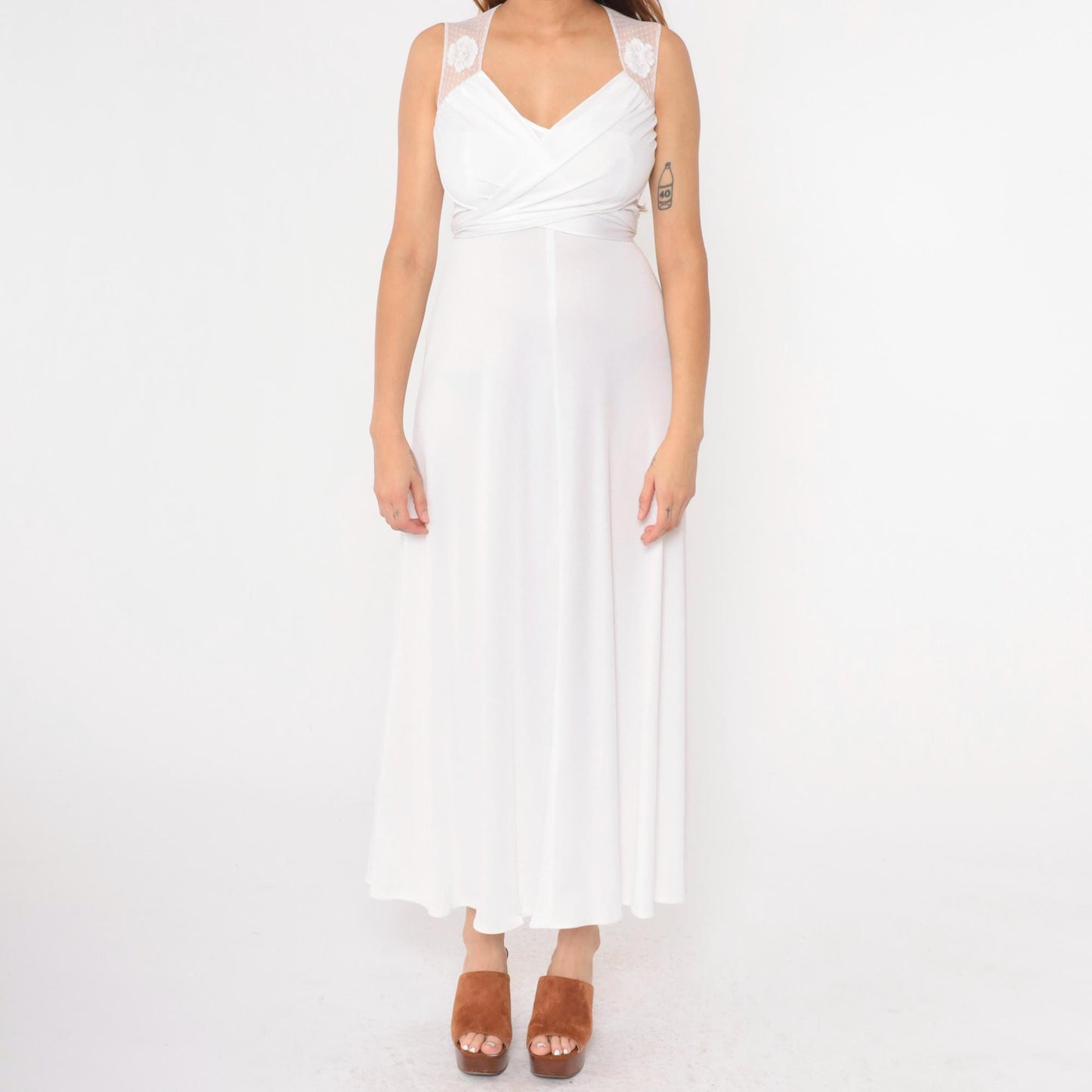 70s White Maxi Dress Sheer Lace Empire Waist Wrap Sleeveless Extra Small