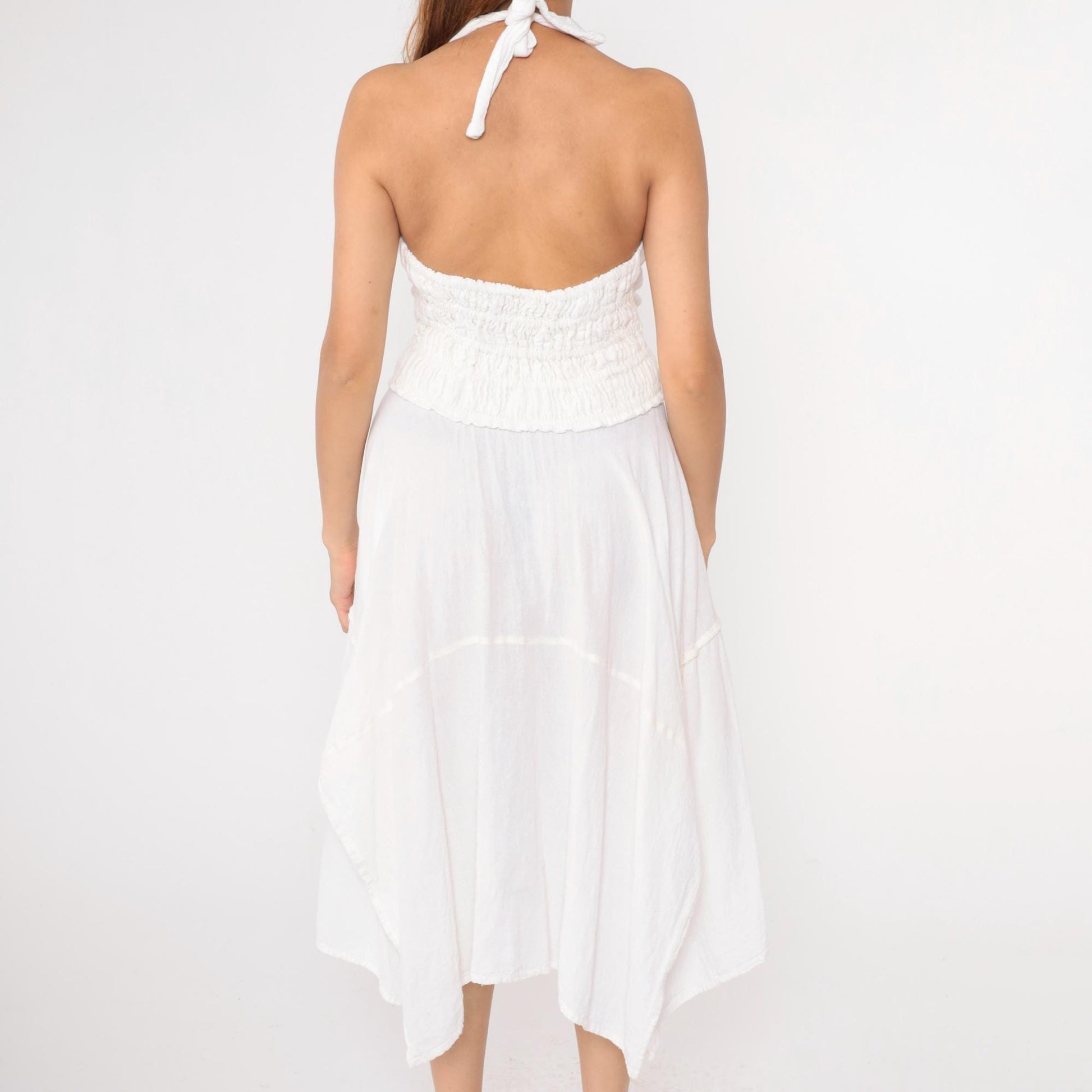 80s White Cotton Halter Midi Dress Crochet Waist Hanky Hem Medium Large