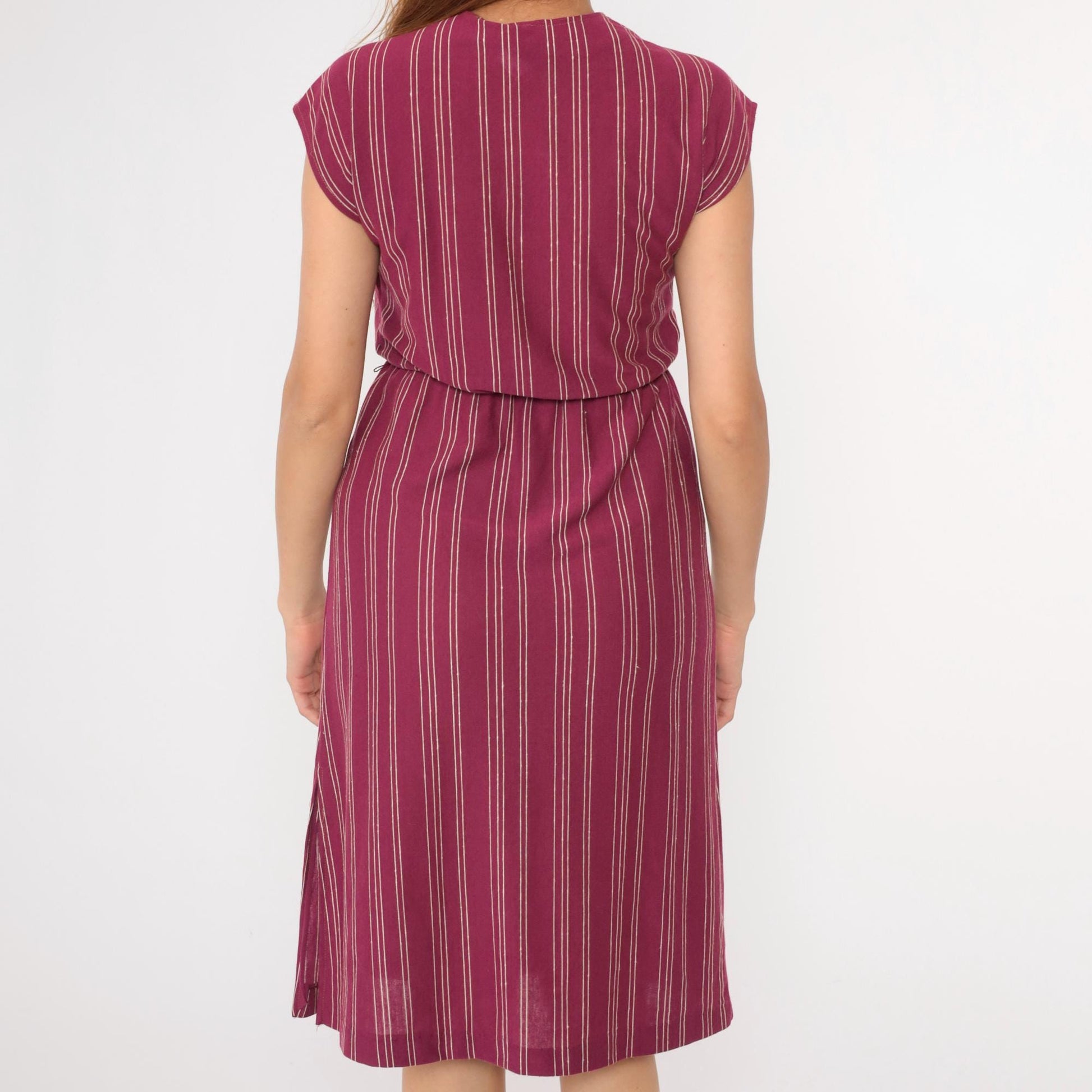 70s Purple Striped Wrap Midi Dress V Neck Cap Sleeve Small