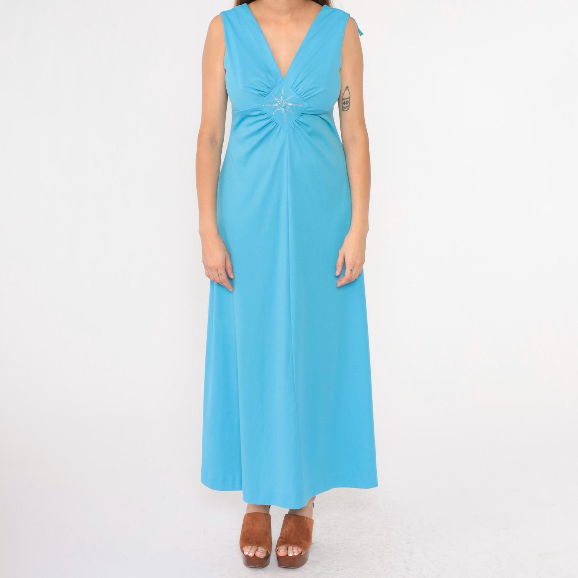 70s Blue Maxi Dress Rhinestone Beaded Empire Waist V Neck Sleeveless Medium