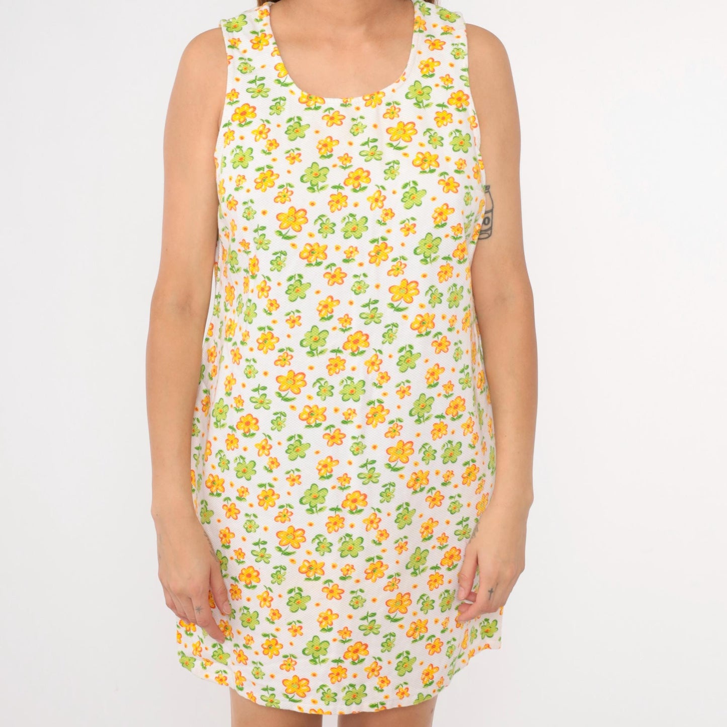 90s Floral Mini Dress White Yellow Green Shift Sleeveless Medium