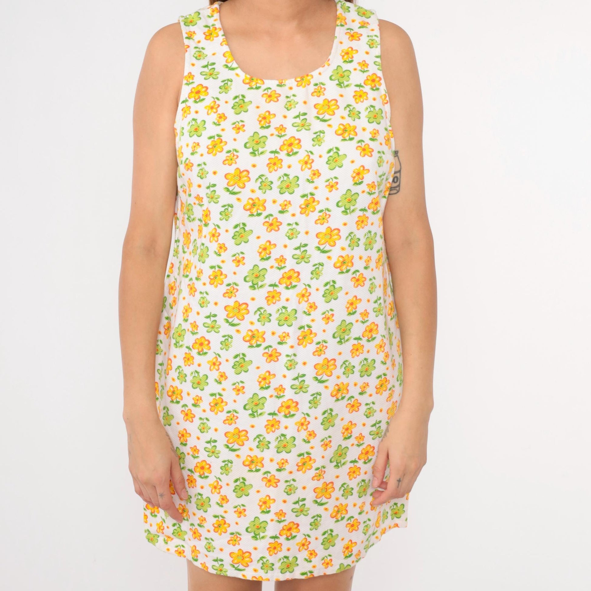 90s Floral Mini Dress White Yellow Green Shift Sleeveless Medium
