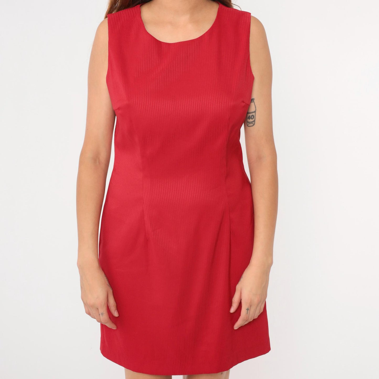 90s Red Striped Mini Sheath Dress Sleeveless Scoop Neck Medium