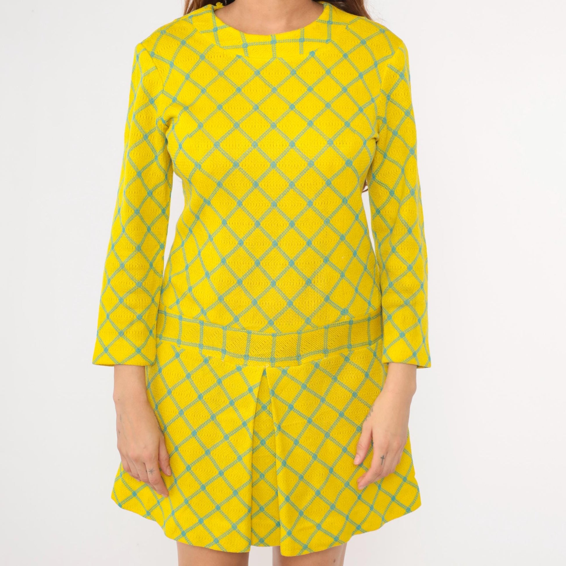 60s Yellow Checkered Drop Waist Mini Dress Long Sleeve Pleated Scooter Small